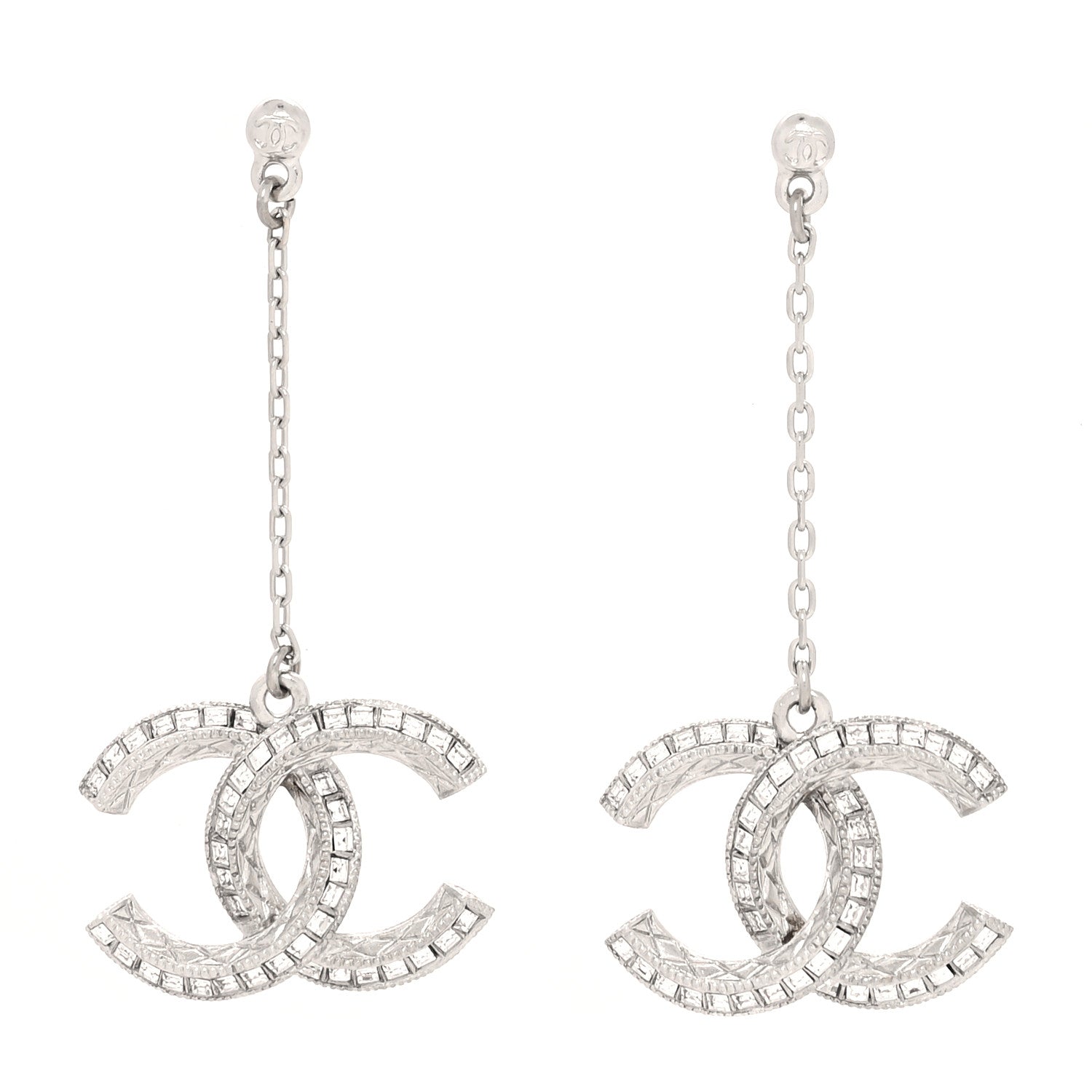 Chanel Baguette Crystal Quilted CC Drop Earrings Silver 1 of 4