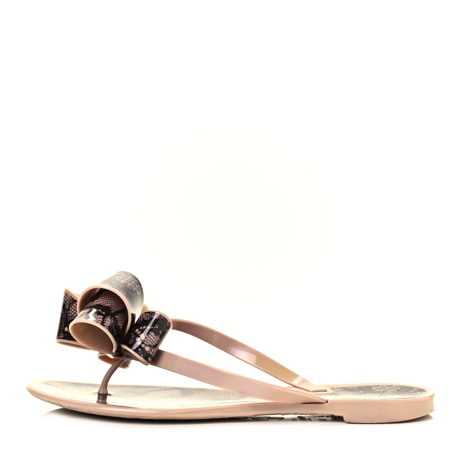 Valentino Garavani PVC Jelly Lace Print Bow Thong Sandals 36 Black Poudre 1 of 8