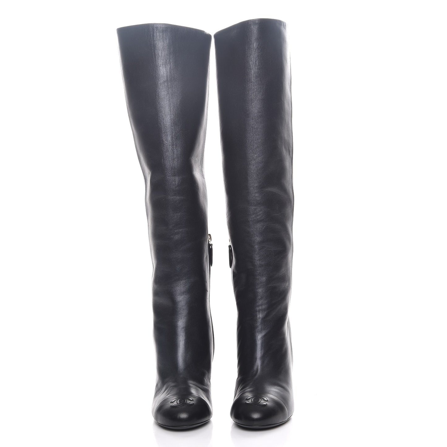 Lambskin CC Cap Toe High Boots 39 Pearly Black