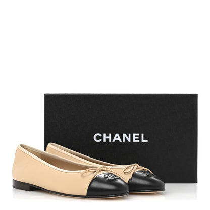 Chanel Lambskin Cap Toe CC Ballerina Flats 36.5 Beige Black 10 of 10
