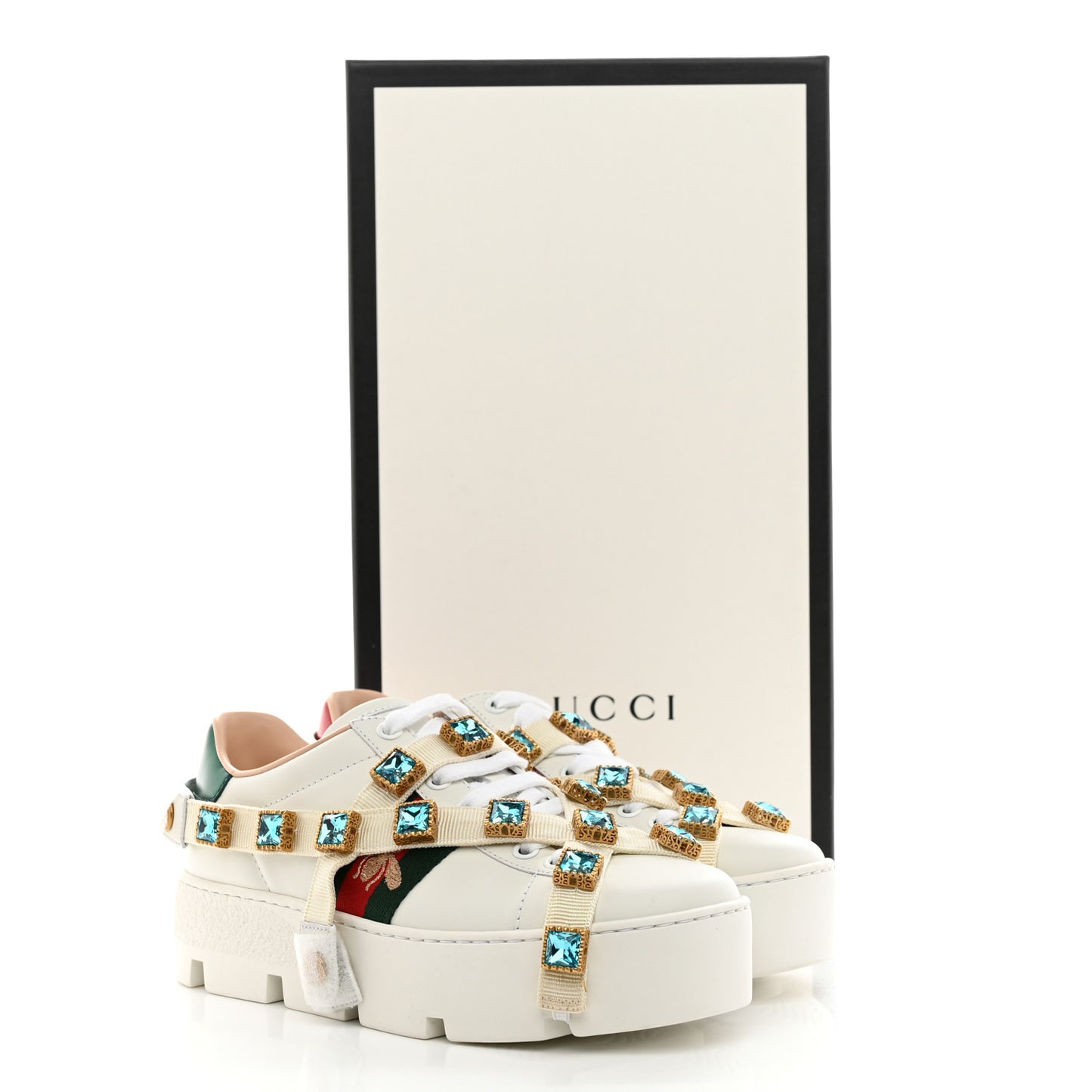 Calfskin Removable Crystals Bee Embroidered Ace Platform Sneakers 35 White