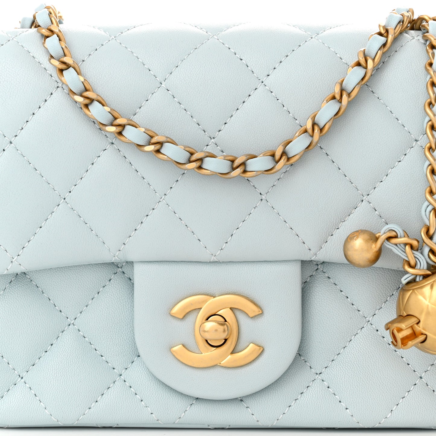 Lambskin Quilted Mini Pearl Crush Flap Light Blue