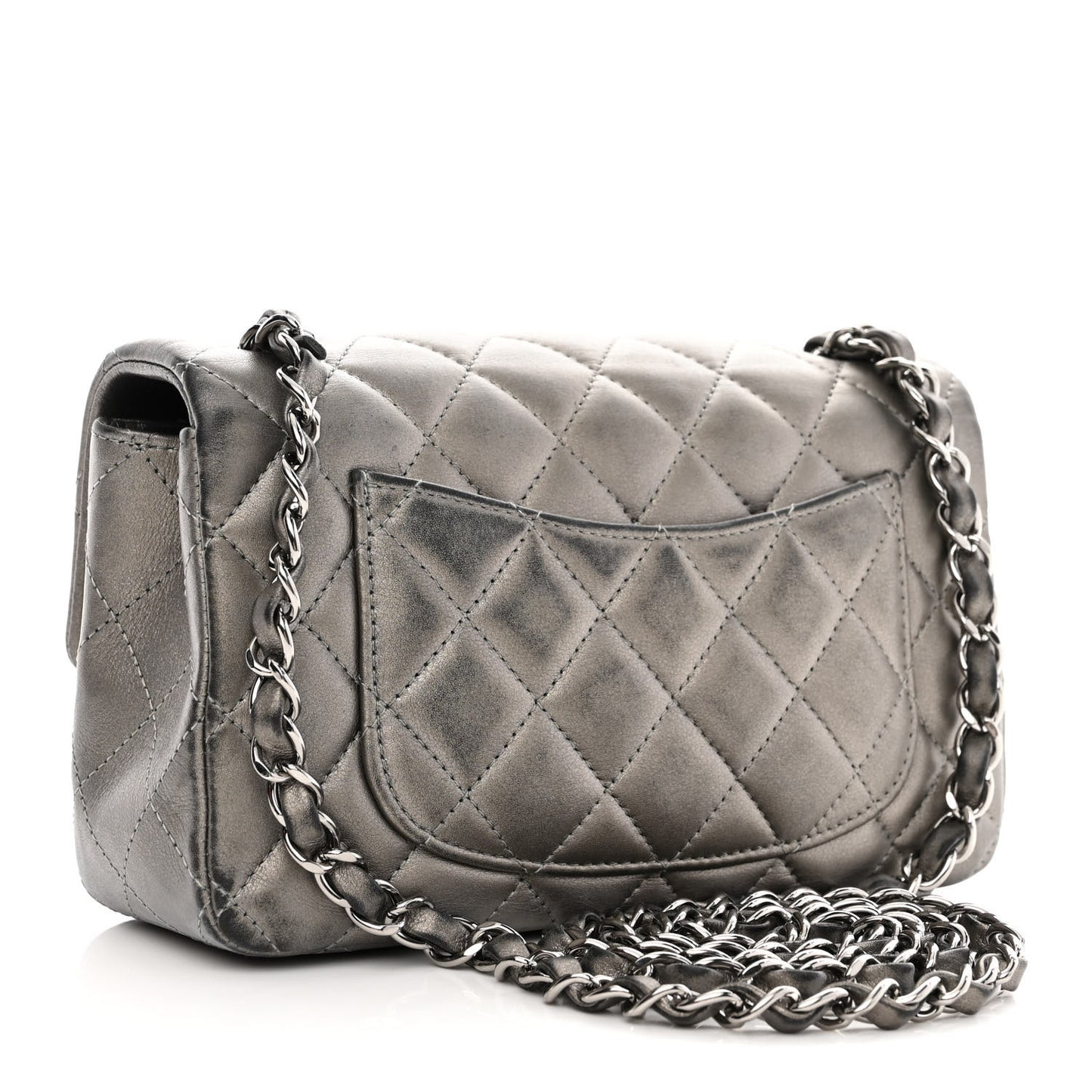 Metallic Calfskin Quilted Mini Rectangular Flap Ruthenium