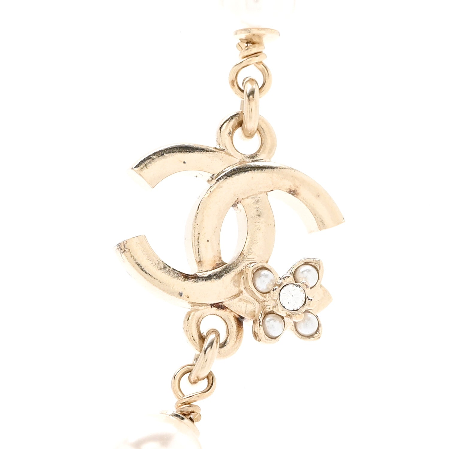 Chanel Pearl Crystal CC Flower Necklace Pearly White Light Gold 4 of 5