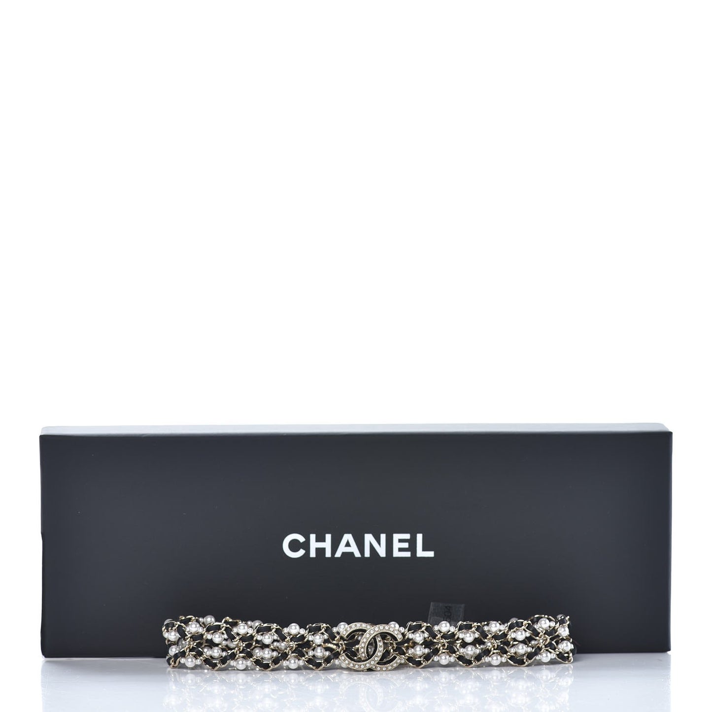 Pearl Lambskin CC Chain Twist Choker Necklace Black Gold
