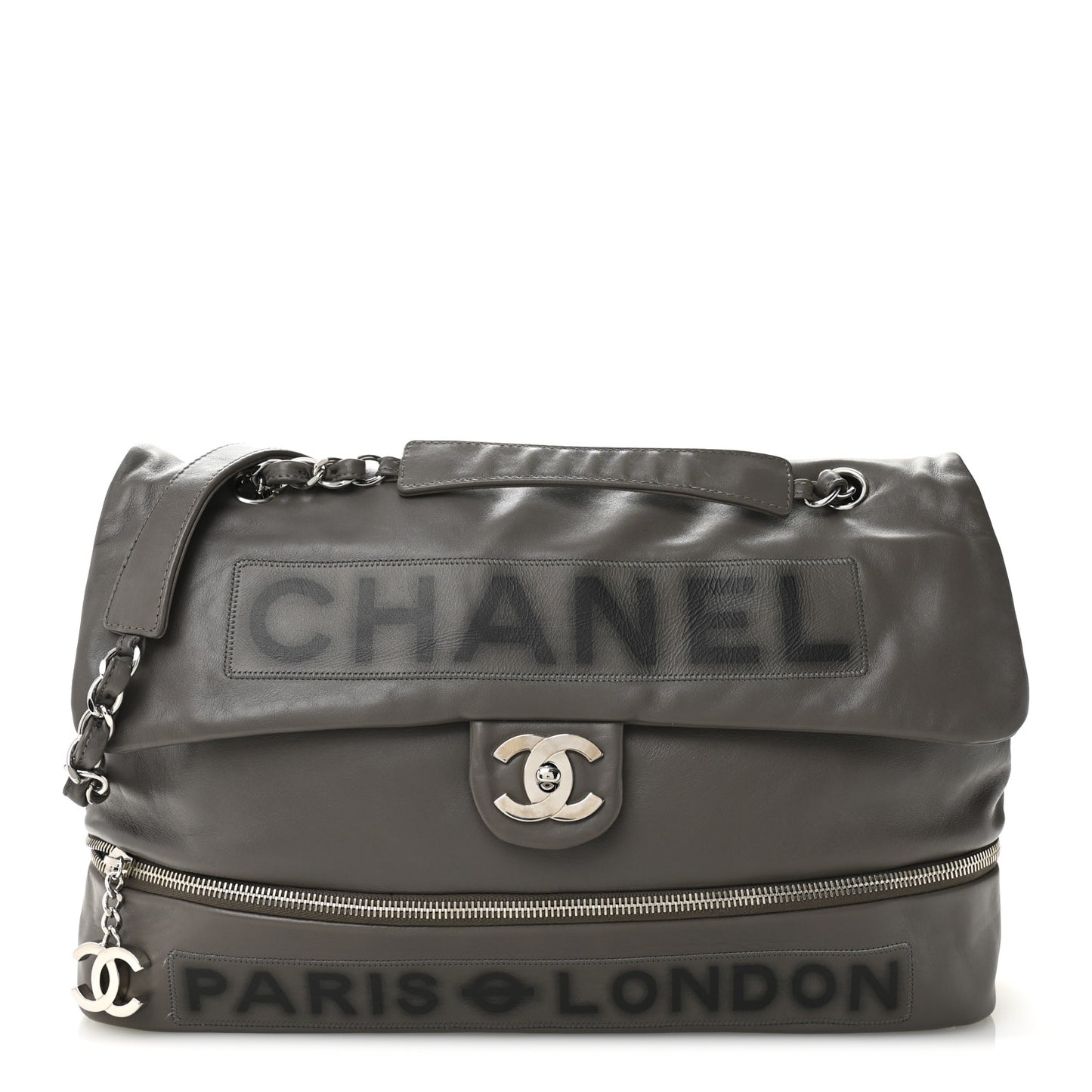 Calfskin Large Expandable Paris London Flap Bag Grey