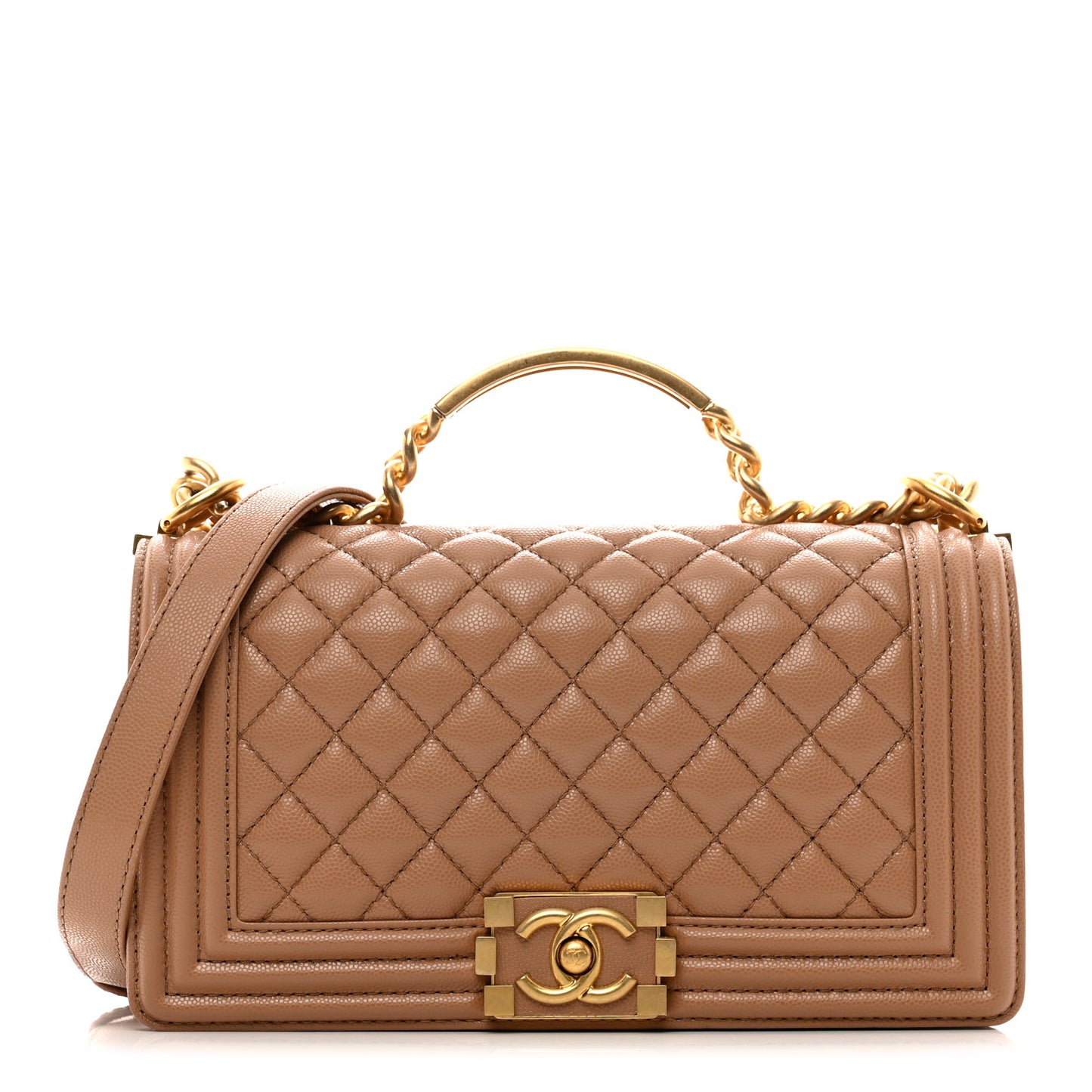 Caviar Quilted Medium Top Handle Boy Flap Dark Beige