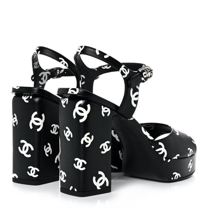 Chanel Printed Lambskin Coco Beach Platform Sandals 39 Black White 4 of 9