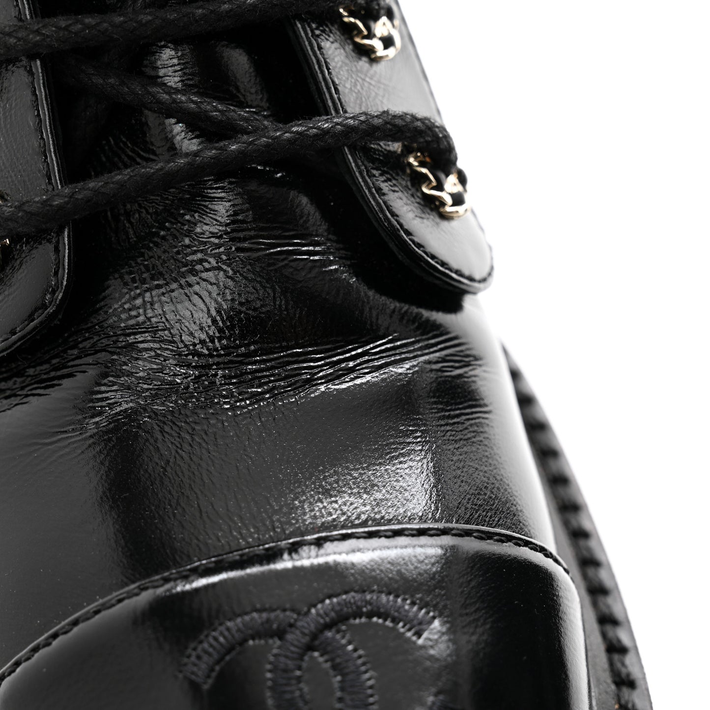 Shiny Calfskin Quilted Lace Up Combat Boots 36 Black