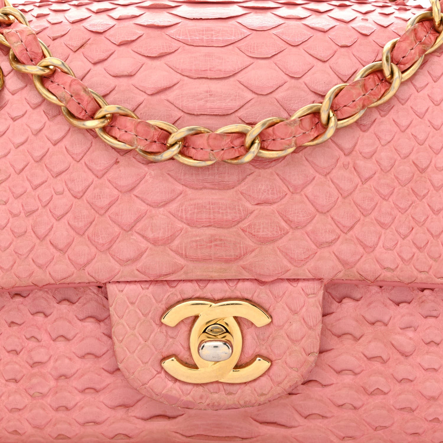 Chanel Snakeskin Mini Rectangular Valentine Charms Flap Pink 8 of 17