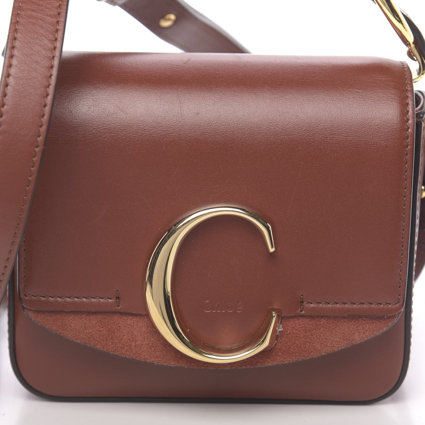 Shiny Calfskin Suede Mini C Bag Sepia Brown