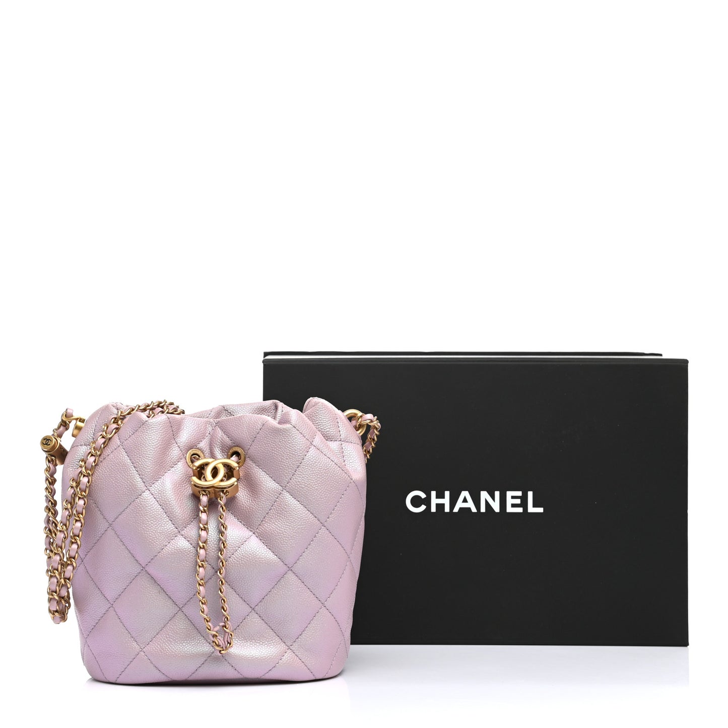 Iridescent Caviar Quilted My Perfect CC Bucket Drawstring Bag Pink
