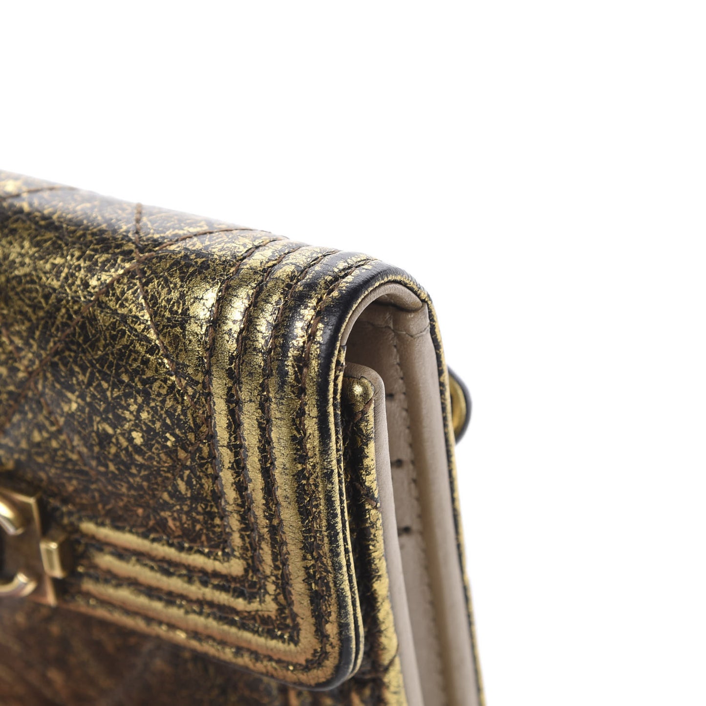 Cracked Metallic Calfskin Quilted Compact Boy Wallet Gold