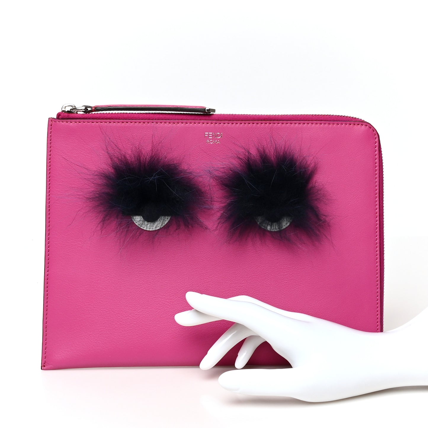 Vitello Dolce Fox Fur Monster Eyes Zip Around Pouch Magenta