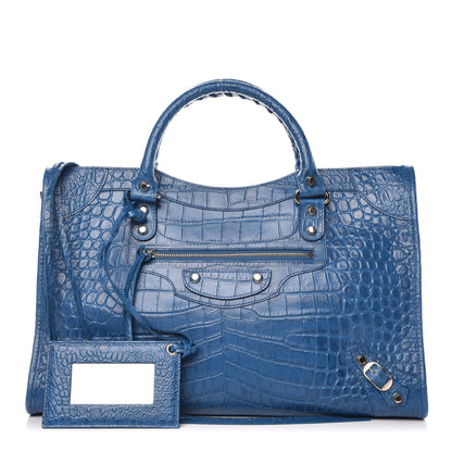 Balenciaga Calfskin Crocodile Embossed Classic Gold Hardware City Bleu Marine 1 of 9