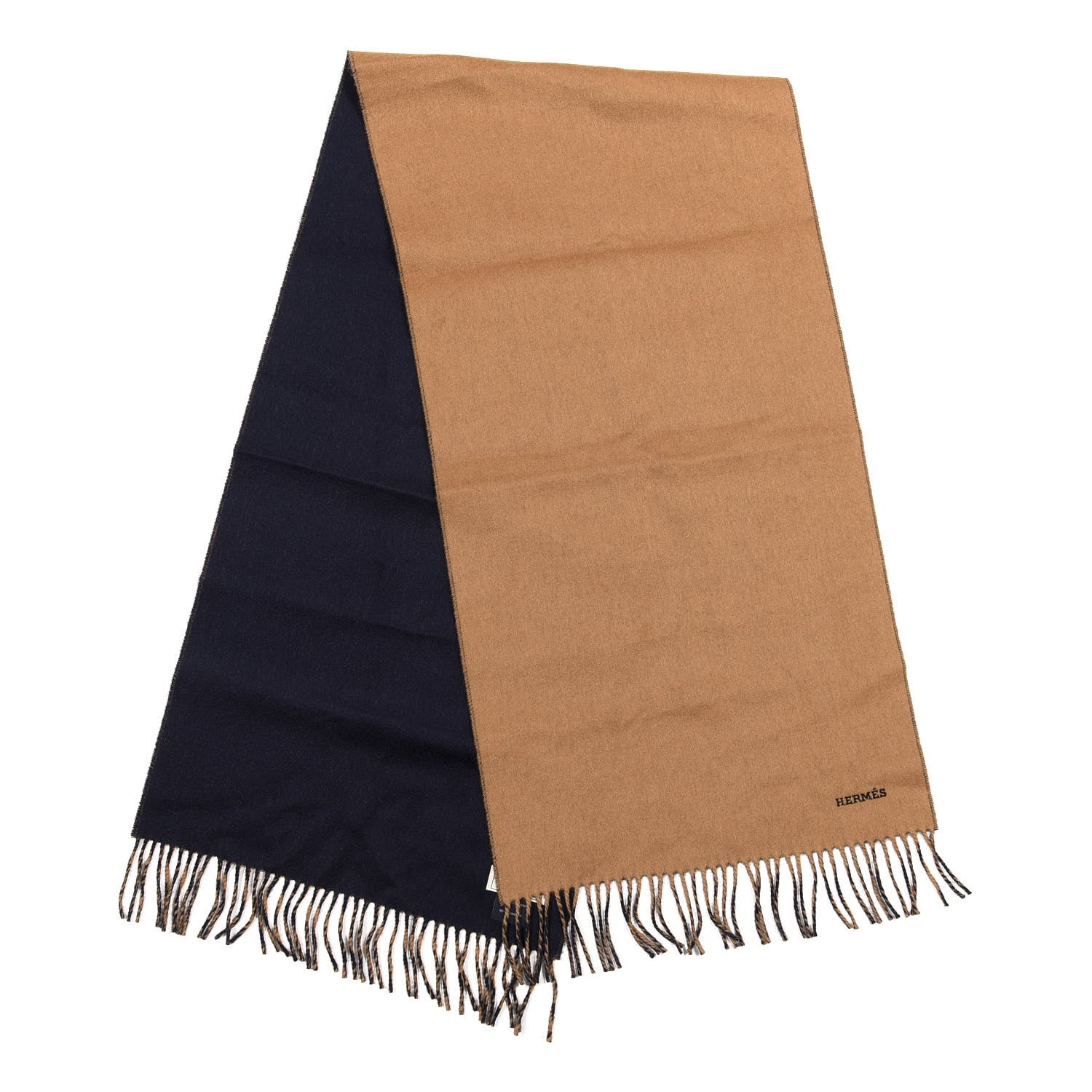 Hermes Cashmere Recto Verso Muffler Camel Marine 2 of 4