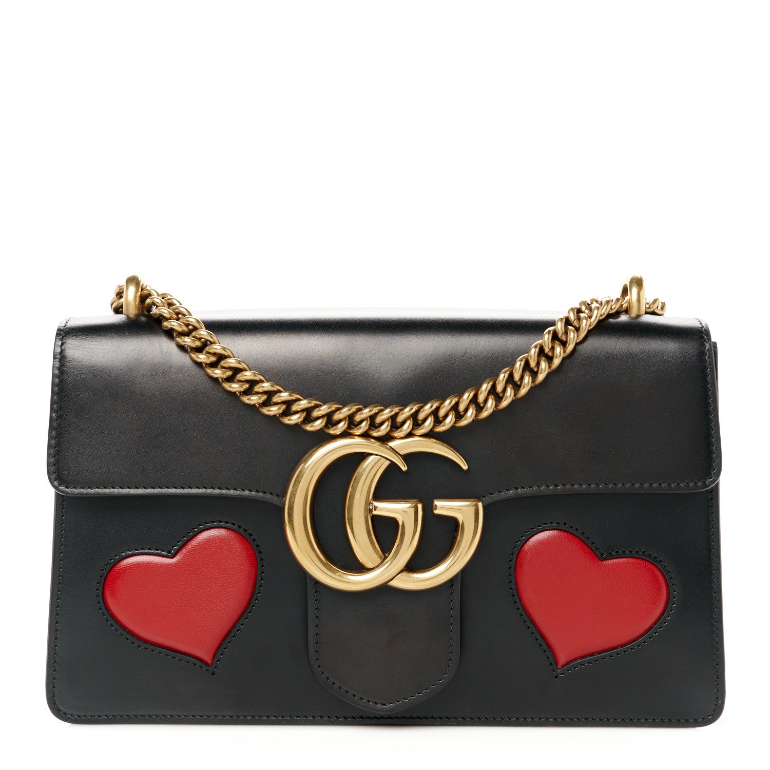 Gucci Knight Calfskin Malaga Kid Heart Medium GG Marmont Chain Handle Bag Black Hibiscus Red Multicolor 1 of 11