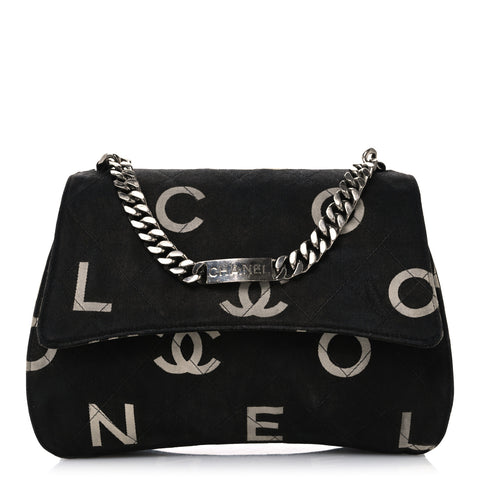 Canvas Quilted Letter Printed Flap Black