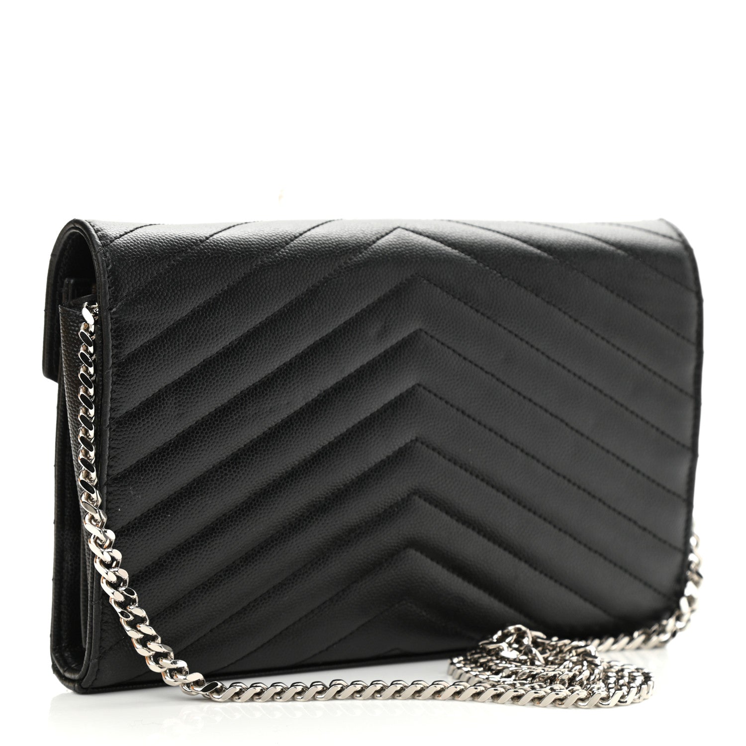 Saint Laurent Grain De Poudre Matelasse Chevron Monogram Chain Wallet Black 3 of 10