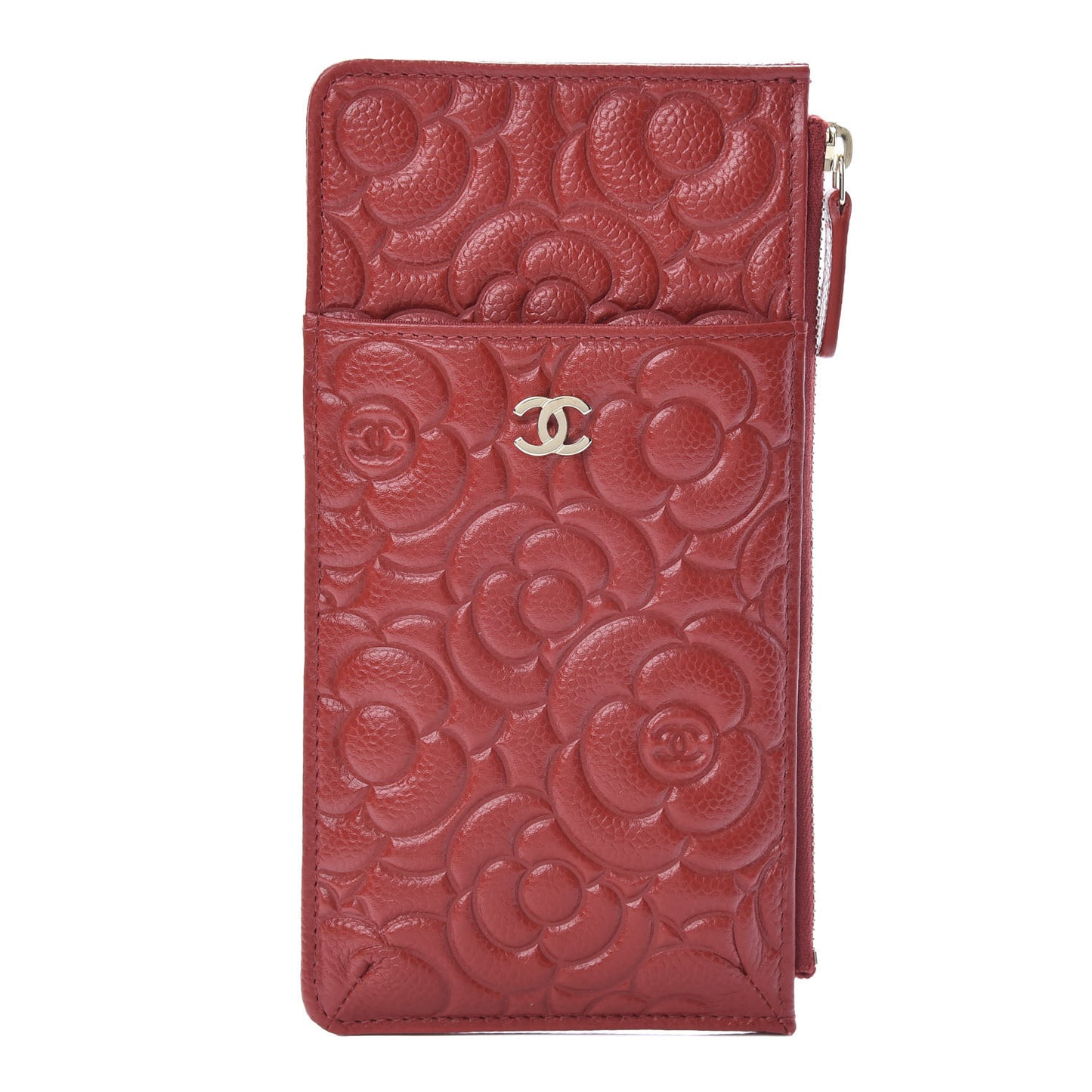 Caviar Camellia Embossed Classic Flat Wallet Pouch Red