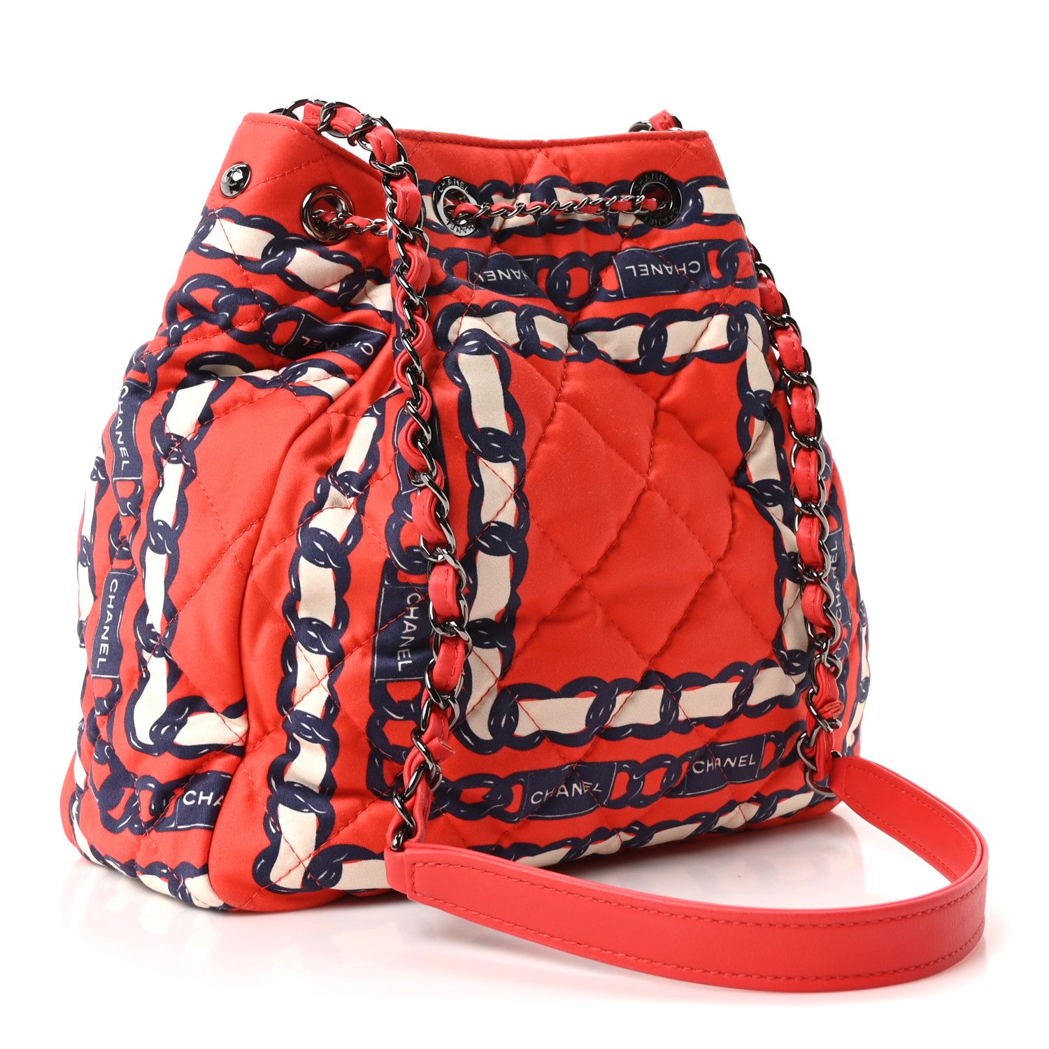 Chanel Silk Quilted Chain Printed Bucket Bag Red 3 of 9