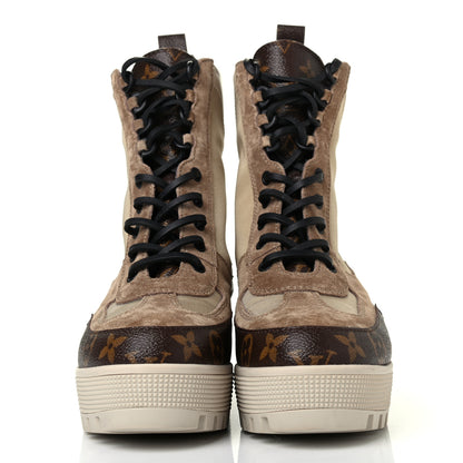 Louis Vuitton Suede Calfskin Monogram Laureate Platform Desert Boots 39 Beige 2 of 4