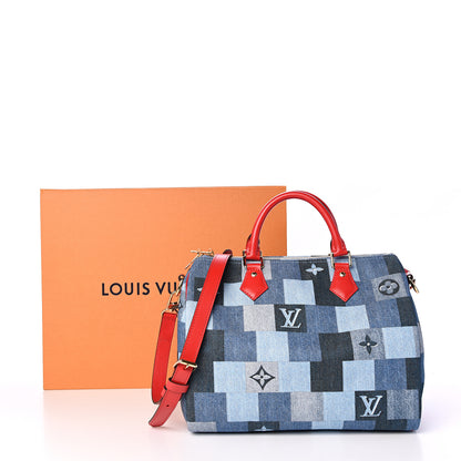 Louis Vuitton Denim Damier Monogram Patchwork Speedy Bandouliere 30 Blue Rouge 12 of 12