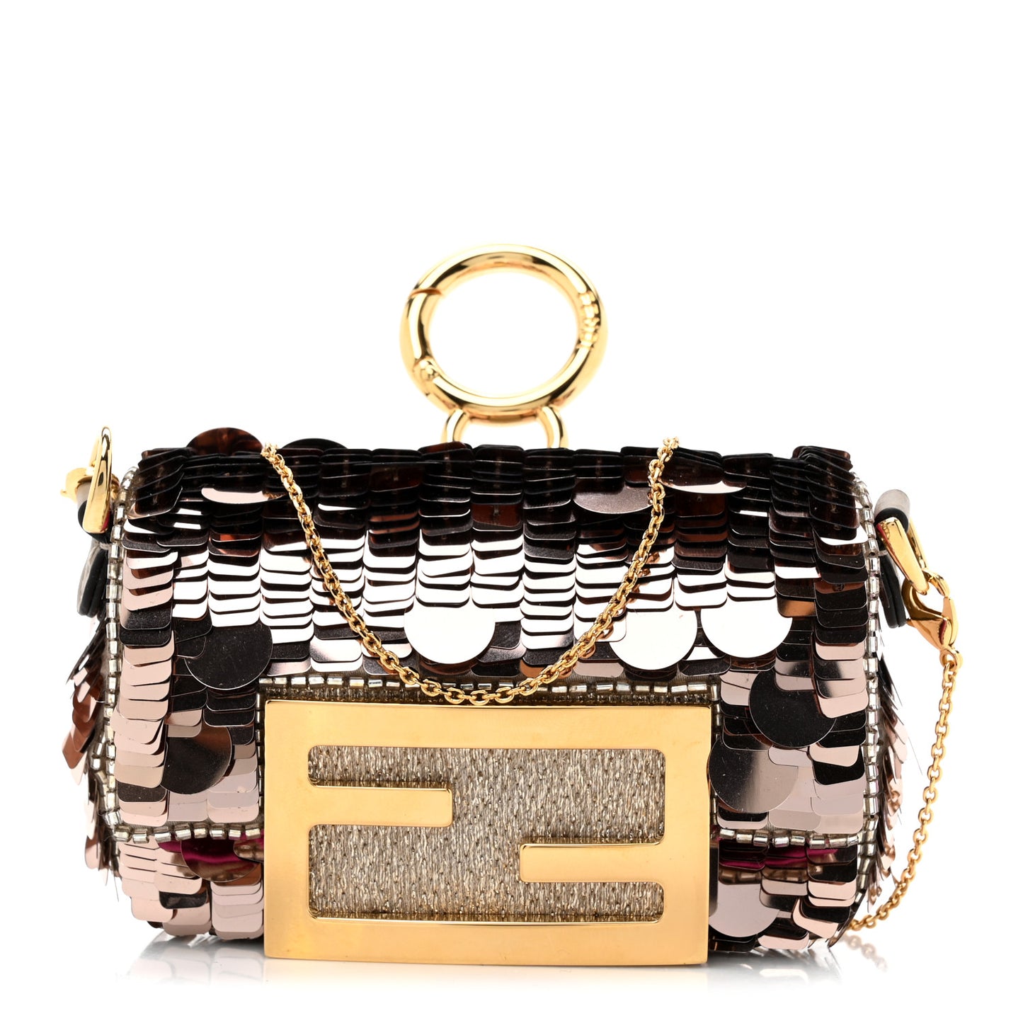 Sequin Paillettes Shiny Nappa Sex and the City Nano Maxi Buckle Baguette Charm Tortora