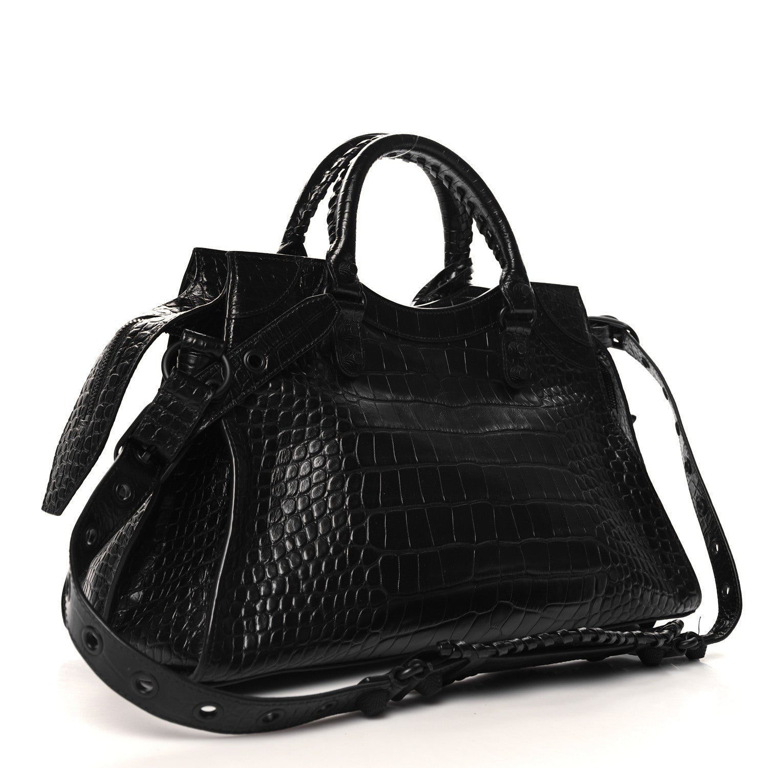 Balenciaga Semi Shiny Calfskin Crocodile Embossed Neo Cagole Black Hardware City Handbag Black 4 of 11