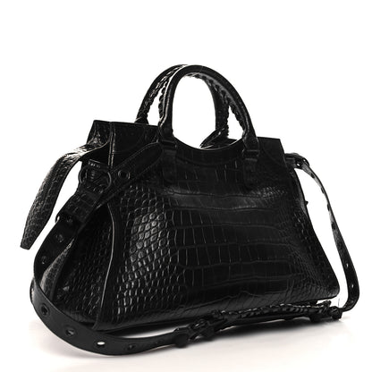 Balenciaga Semi Shiny Calfskin Crocodile Embossed Neo Cagole Black Hardware City Handbag Black 4 of 11