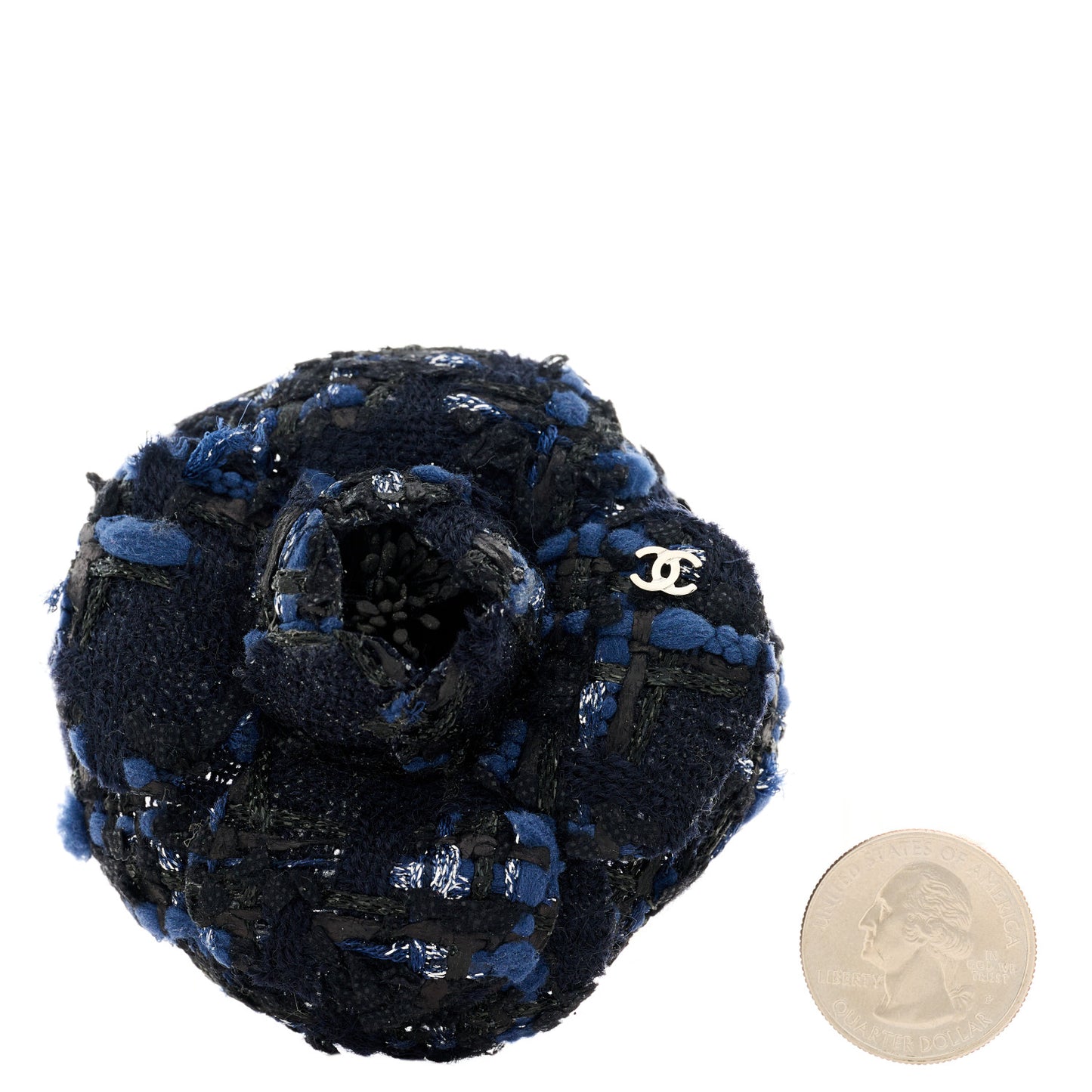 Tweed Camellia Pin Brooch Navy Blue