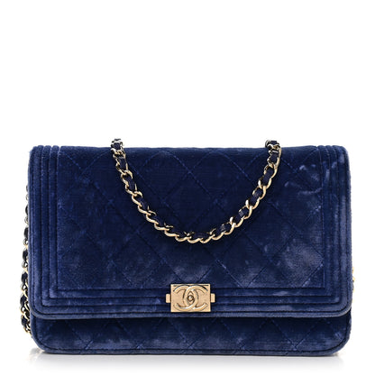 Chanel Velvet Quilted Boy Wallet On Chain WOC Blue 1 of 12