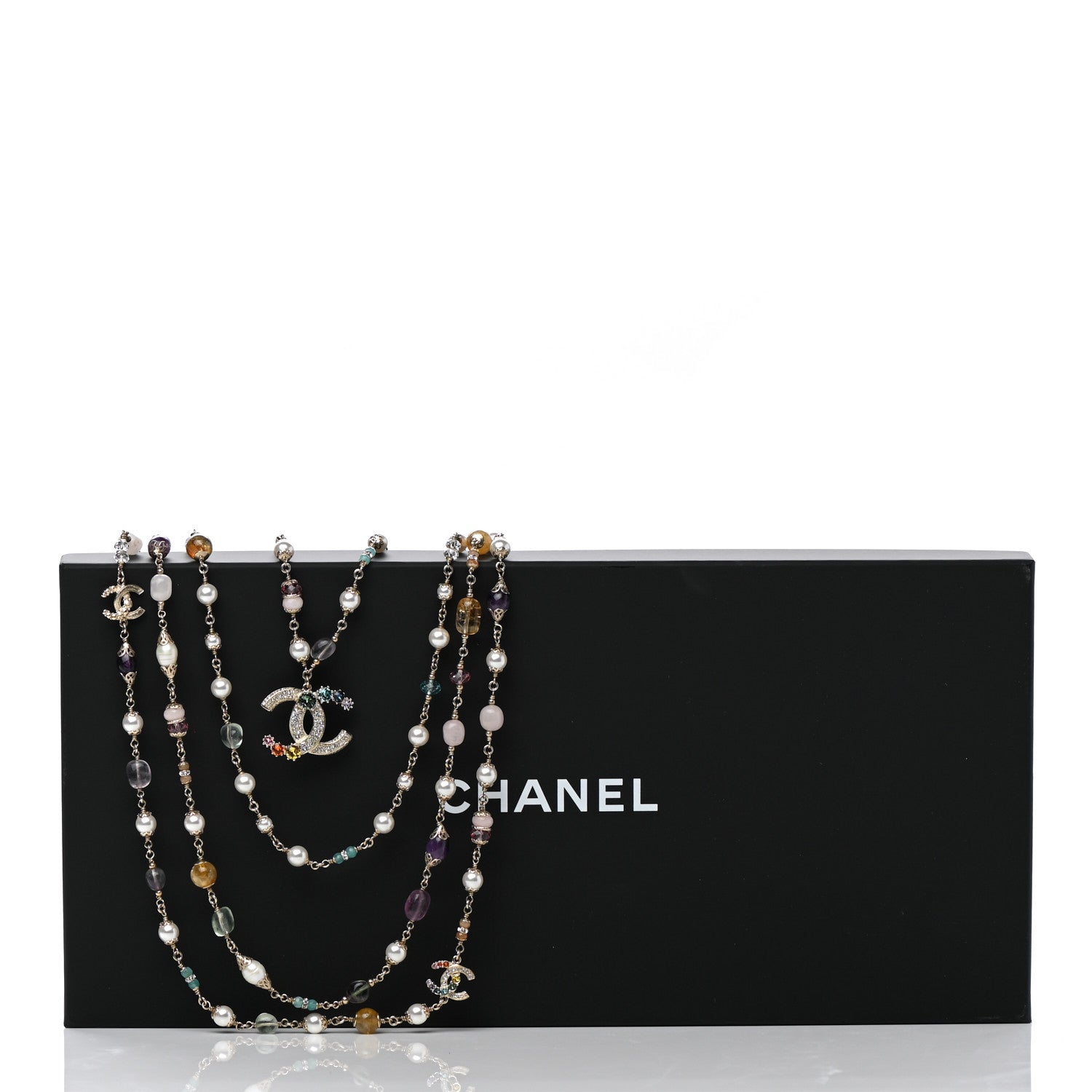 Chanel Pearl Crystal Over The Rainbow CC Multi Strand Necklace Gold Multicolor 7 of 7