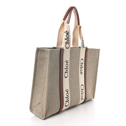 Chloe Linen Calfskin Large Woody Ribbon Tote White Brown 3 of 9
