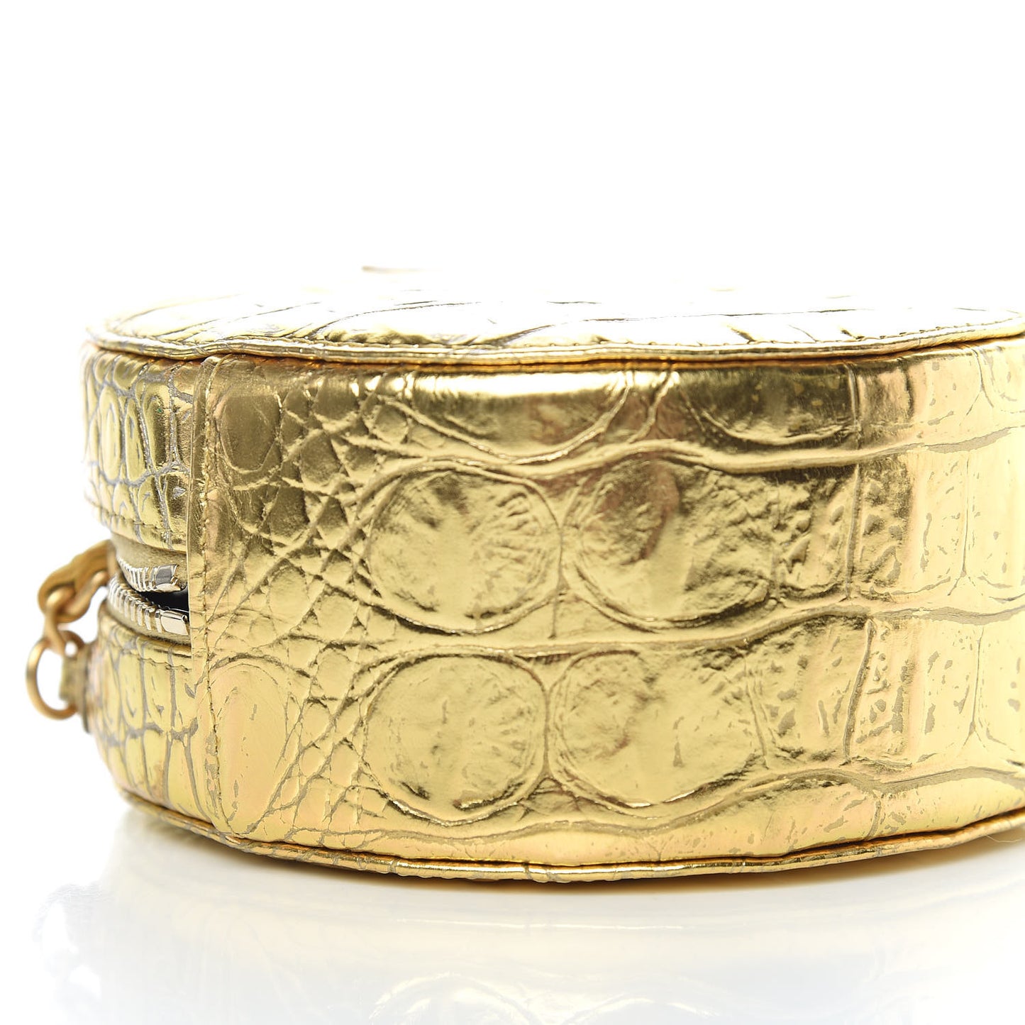 Metallic Calfskin Crocodile Embossed Cocodile Round Clutch with Chain Gold