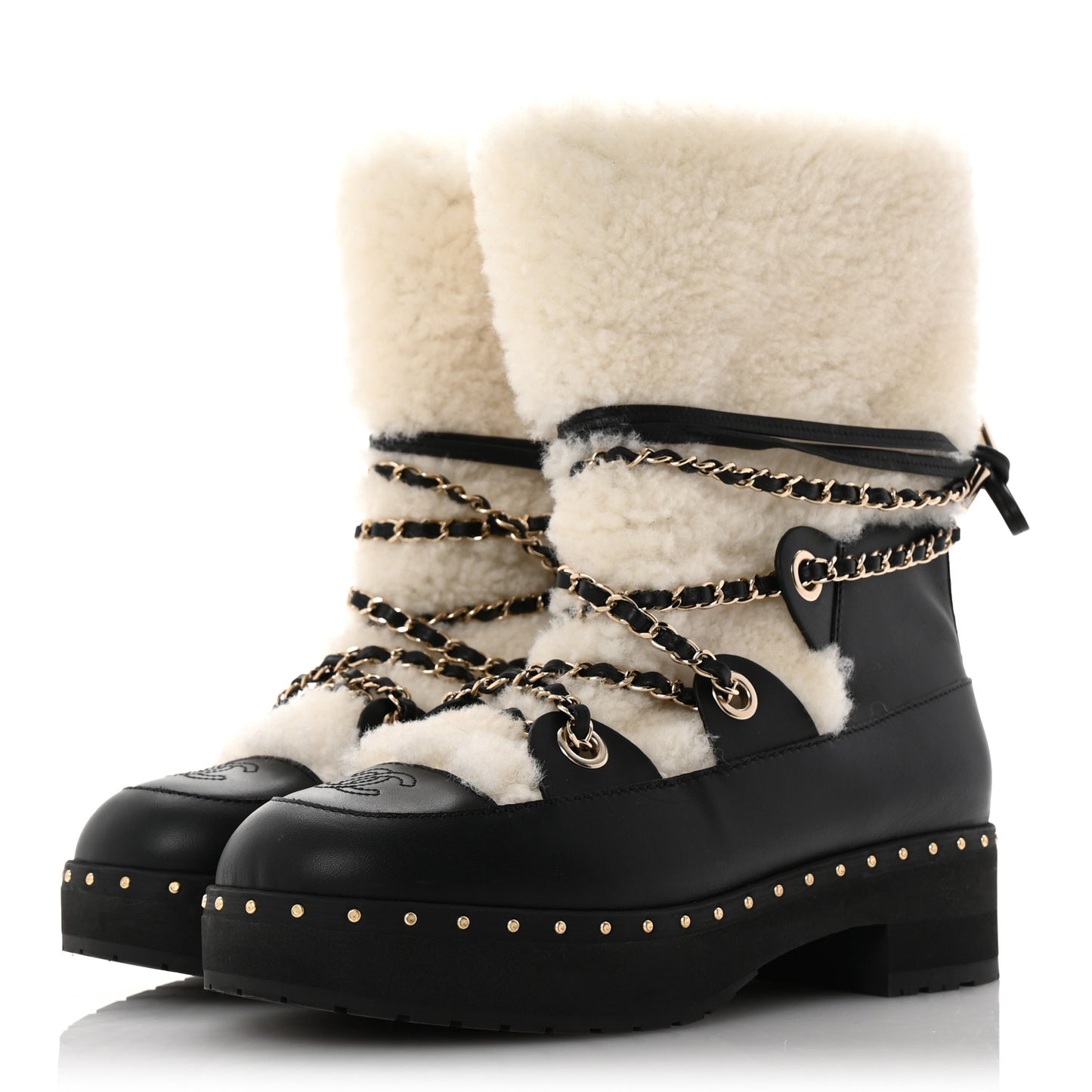 Calfskin Shearling Lambskin CC Cap Toe Chain Snow Boots 39 Black White