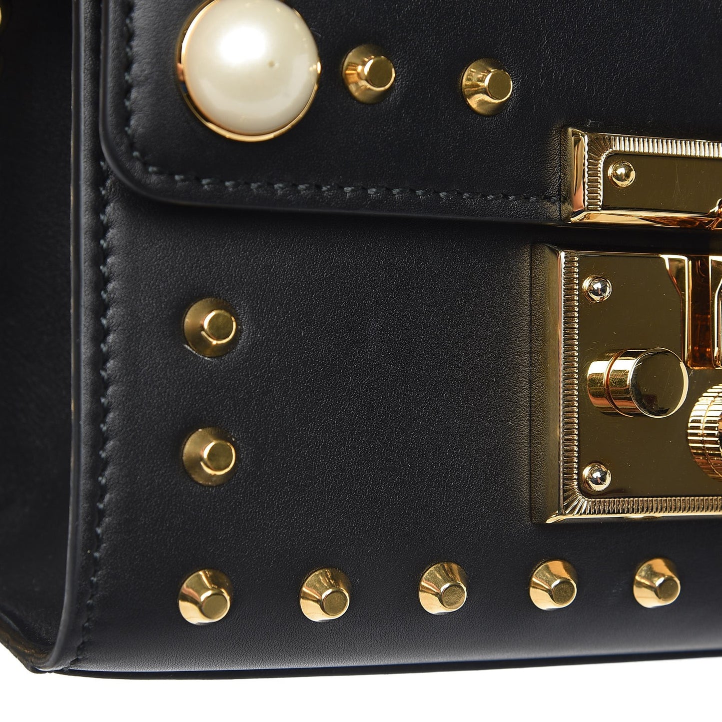 Calfskin Studded Small Padlock Shoulder Bag Black