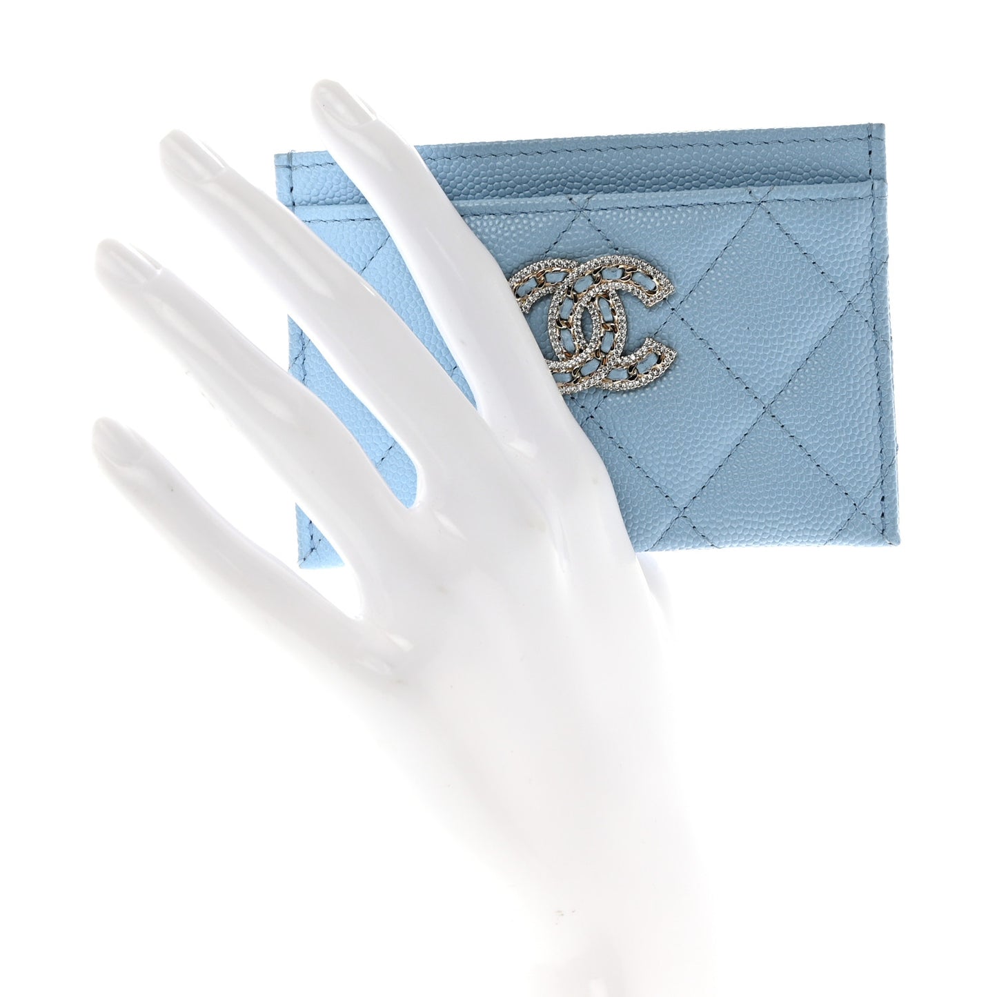 Caviar Quilted Crystal Card Holder Light Blue