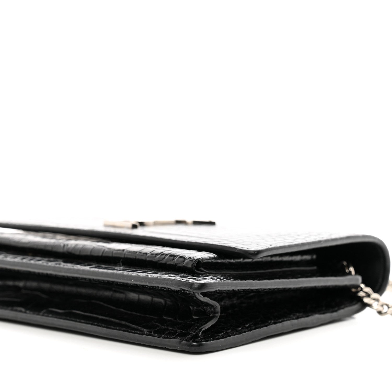 Saint Laurent Calfskin Crocodile Embossed Monogram Sunset Top Handle Chain Wallet Black 9 of 12