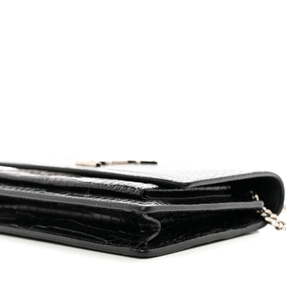 Saint Laurent Calfskin Crocodile Embossed Monogram Sunset Top Handle Chain Wallet Black 9 of 12
