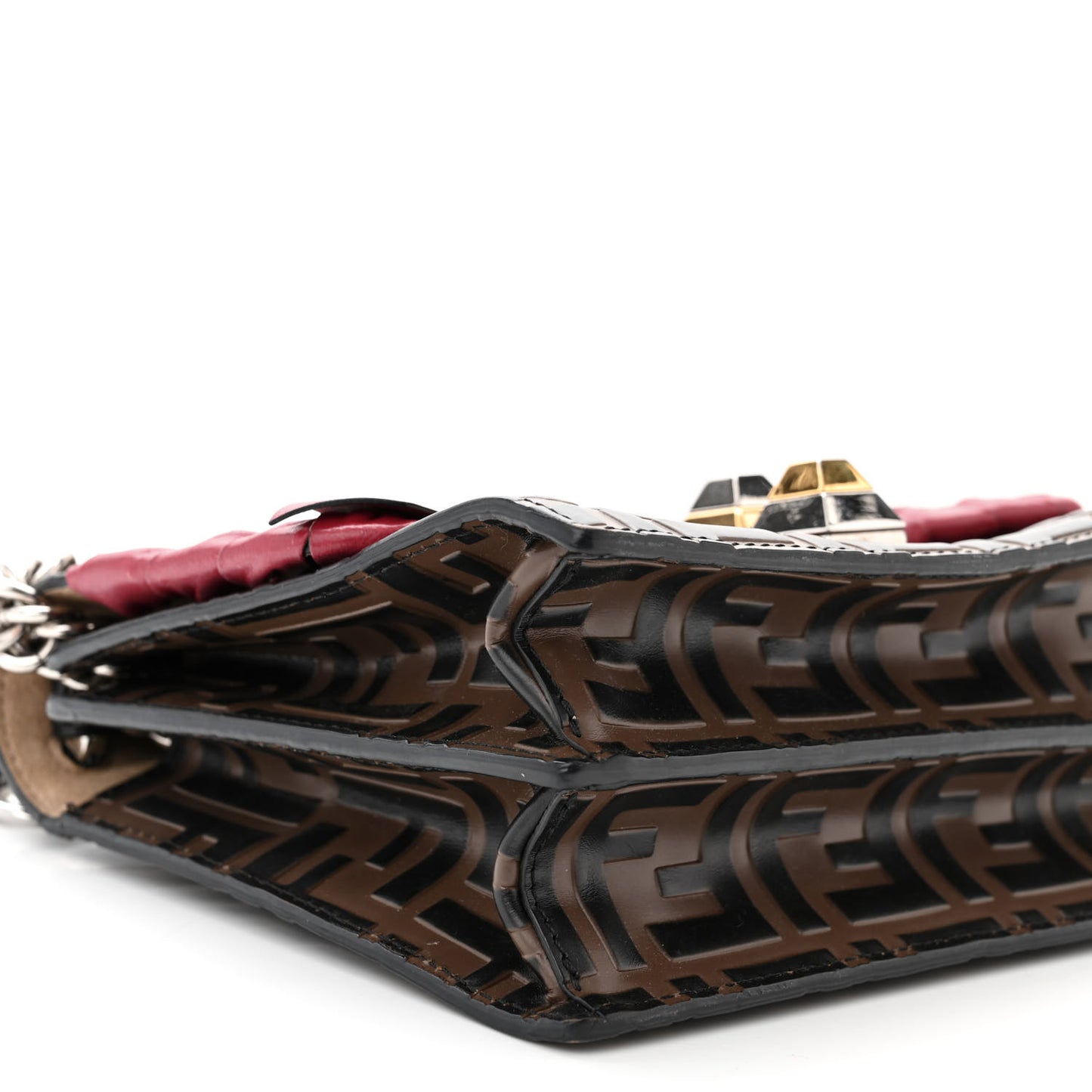 Vitello Shiny Nappa Bi-Color FF 1974 Lace Up Bow Embossed Small Kan I Shoulder Bag Maya Black Fragola