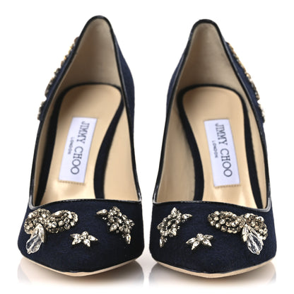 Jimmy Choo Crystal Embellished Romy 100 Flannel Pumps 37 Navy 6 of 20