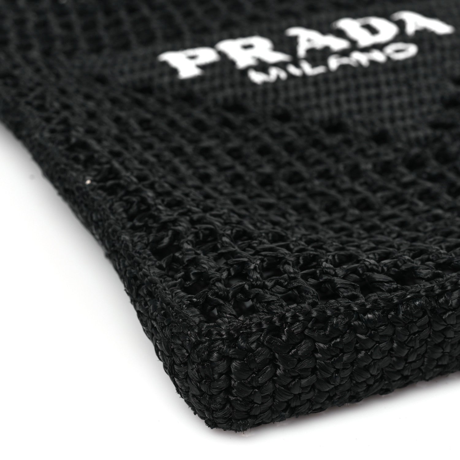 Prada Yarn Raffia Effect Crochet Logo Embroidered Tote Bag Black 7 of 8