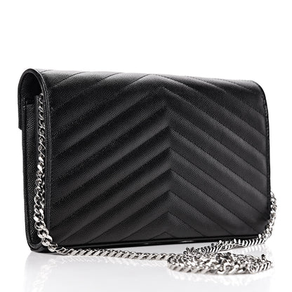 Saint Laurent Grain De Poudre Matelasse Chevron Monogram Chain Wallet Black 3 of 10