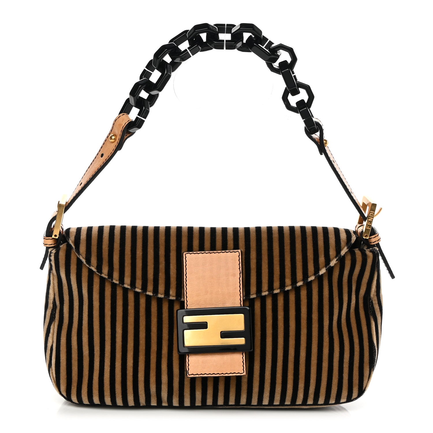 Fendi Velvet Striped Baguette Black Beige 1 of 11