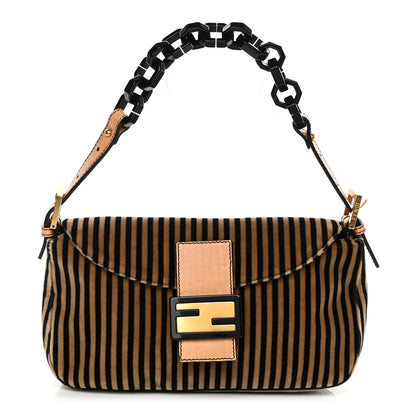 Fendi Velvet Striped Baguette Black Beige 1 of 11