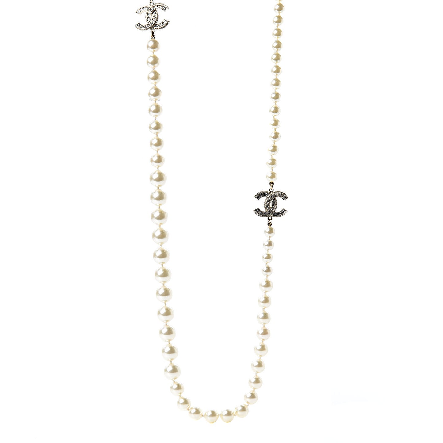 Pearl Baguette Crystal CC Long Necklace Silver