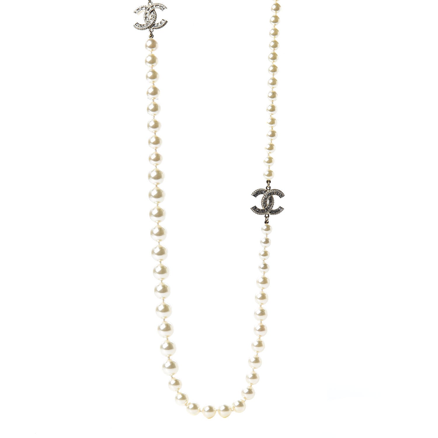 Chanel Pearl Baguette Crystal CC Long Necklace Silver 1 of 5