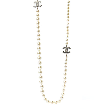 Chanel Pearl Baguette Crystal CC Long Necklace Silver 1 of 5