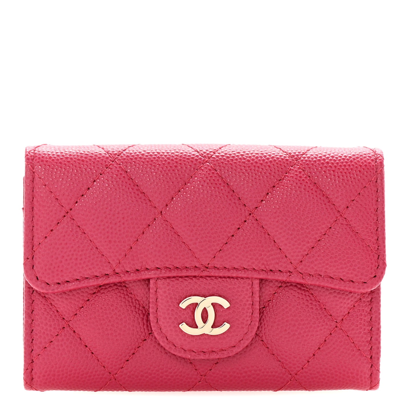 Caviar Quilted Flap Card Holder Wallet Dark Pink